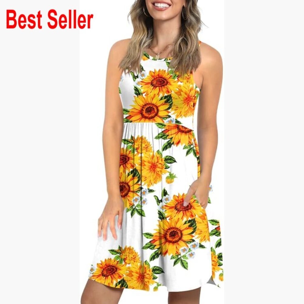 Rayon Spandex Casual Sundress with Pockets Sleeveless Beach Dress